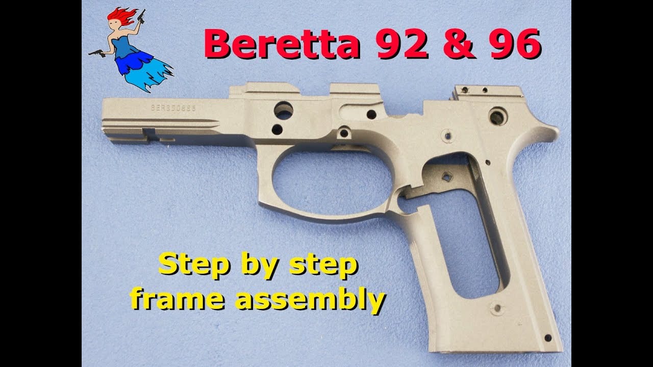 Reassemble a Beretta 92FS frame step by step – shown with stripped frame on blue background