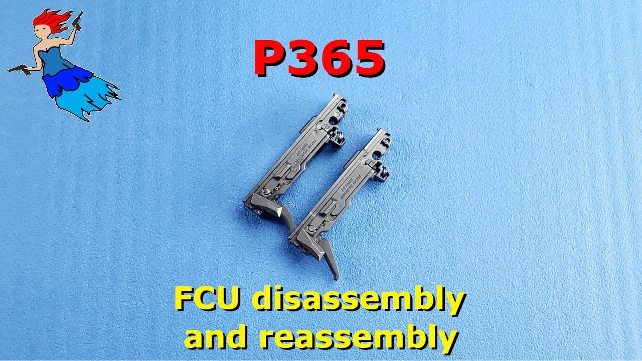 Two Sig P365 fire control units side by side on a blue background with text FCU disassembly and reassembly