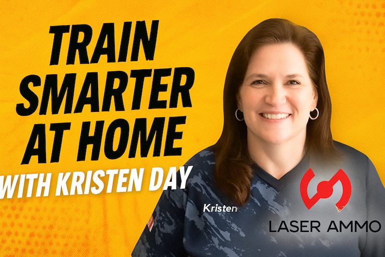 Kristen Day smiling in a Laser Ammo shirt with bold text that reads "Train Smarter at Home with Kristen Day."