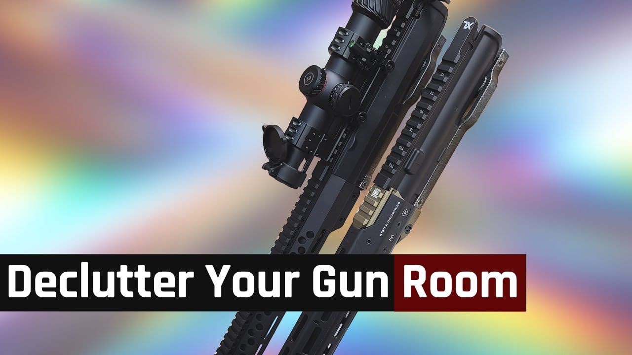 AR-15 upper mounted on wall using the HangAR System with “Declutter Your Gun Room” banner