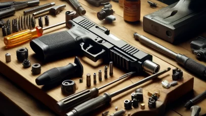 DALL·E 2024-04-11 05.00.01 – Create a realistic and detailed image depicting a DIY gunsmithing project in progress. The scene should capture a real-life workbench scenario, with a