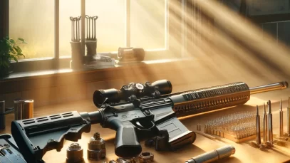 DALL·E 2024-04-11 05.08.31 – Create an image depicting a firearm upgrade process in a bright, sunlit room. The scene should feature a workbench by a large window with natural sunl