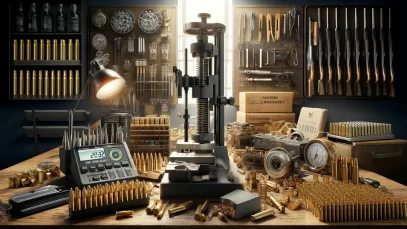 DALL·E 2024-04-23 10.58.08 – A detailed and dynamic setup of a reloading bench for ammunition. The bench is cluttered with various reloading tools like a press, powder measure, an