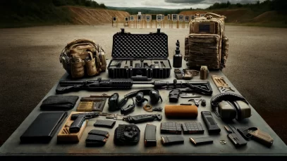 DALL·E 2024-04-23 11.10.32 – A detailed and organized layout of essential shooting range gear spread out on a rugged, concrete surface. The gear includes a tactical rifle case, a