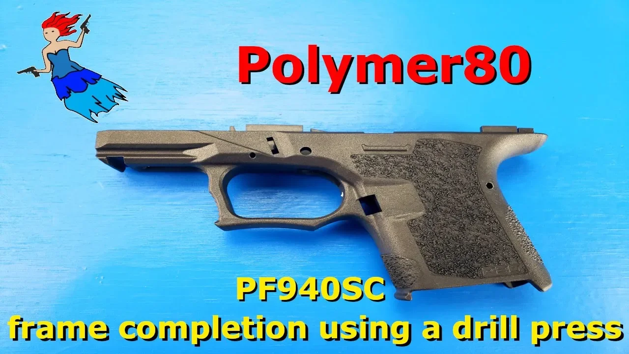 Polymer80 PF940SC frame completed using a drill press on blue background