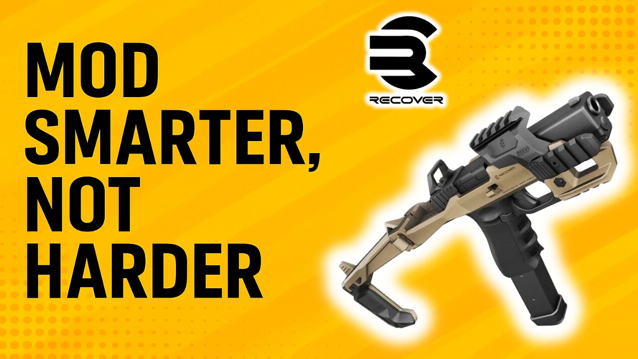 Recover Tactical pistol upgrade kit with the text 'Mod Smarter, Not Harder' featured on a yellow background.