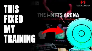 I-MTTS Arena dry fire training system with glowing green target and “This Fixed My Training” text overlay