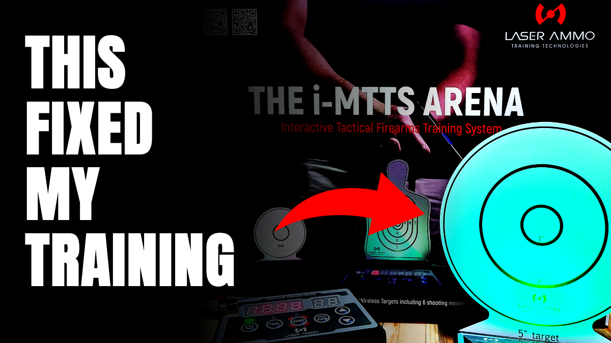 I-MTTS Arena dry fire training system with glowing green target and “This Fixed My Training” text overlay